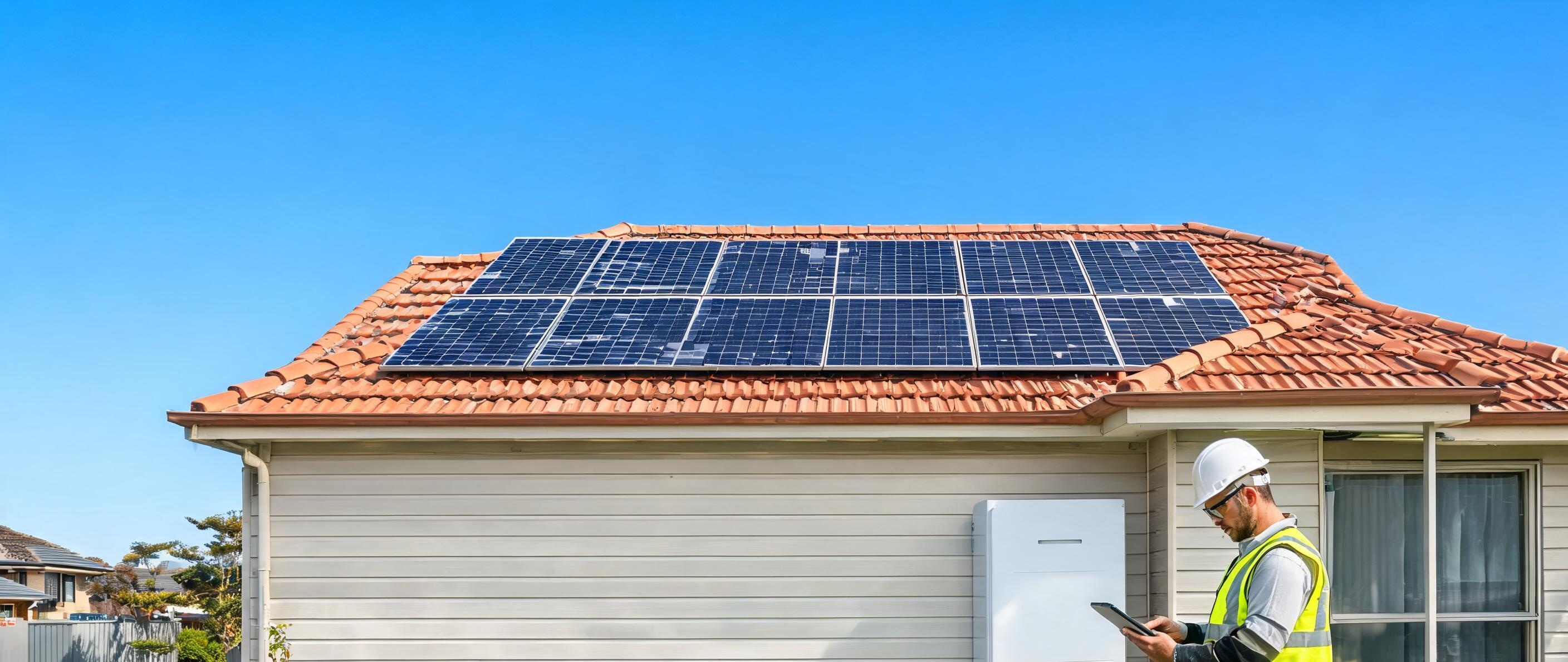 Installer commissioning a residential battery storage unit on an Australian home with rooftop solar panels