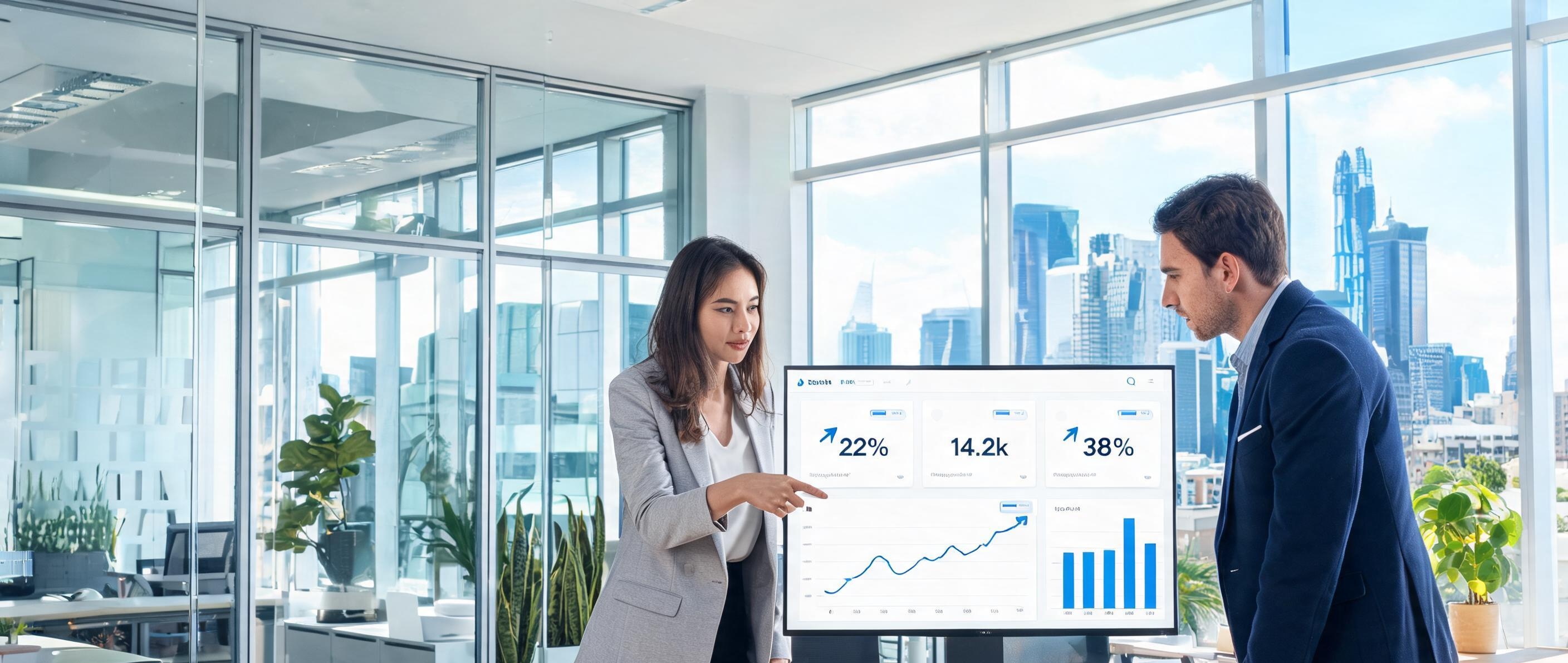 Enterprise SaaS product team reviewing an analytics dashboard in a modern office