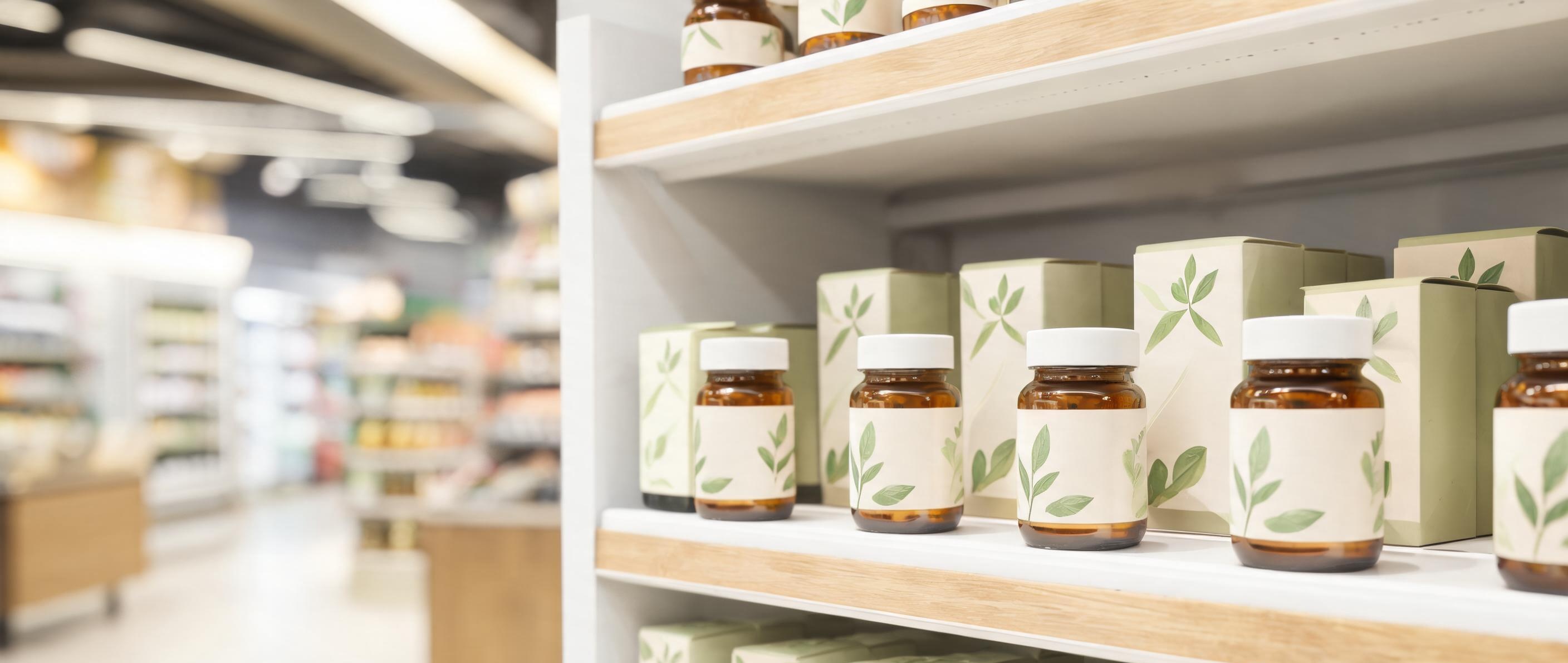 Health food and supplement products on a modern supermarket retail shelf