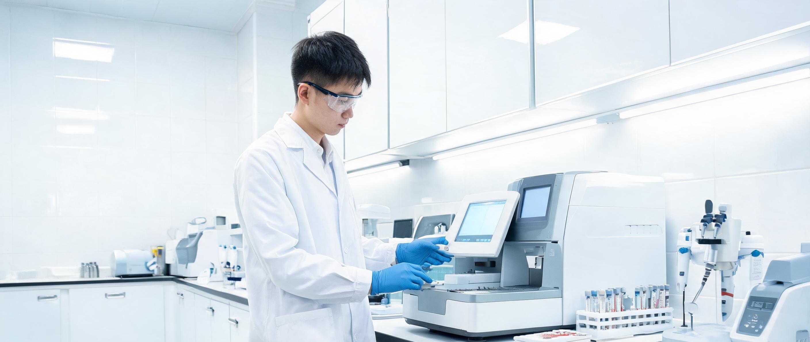 Medical device technician operating diagnostic equipment in a clinical laboratory